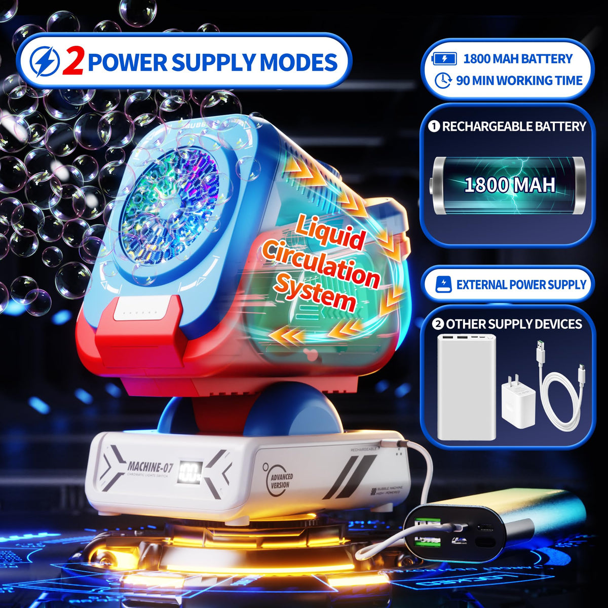 Belemar Bubble Machine 1800mAh battery supports up to 90 minutes of bubbles.
