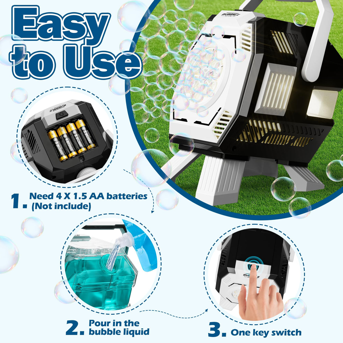 Belemar Bubble Machine battery-powered portability for quick setup anywhere.