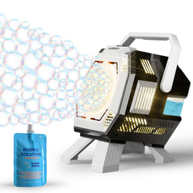 Belemar Bubble Machine with Lights demonstrates bigger bubbles from the six-hole design.