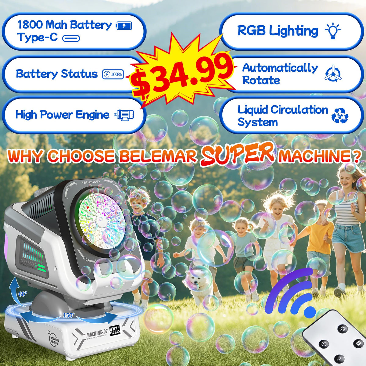 Belemar bubble machine horizontal rotation covers wide areas for gatherings