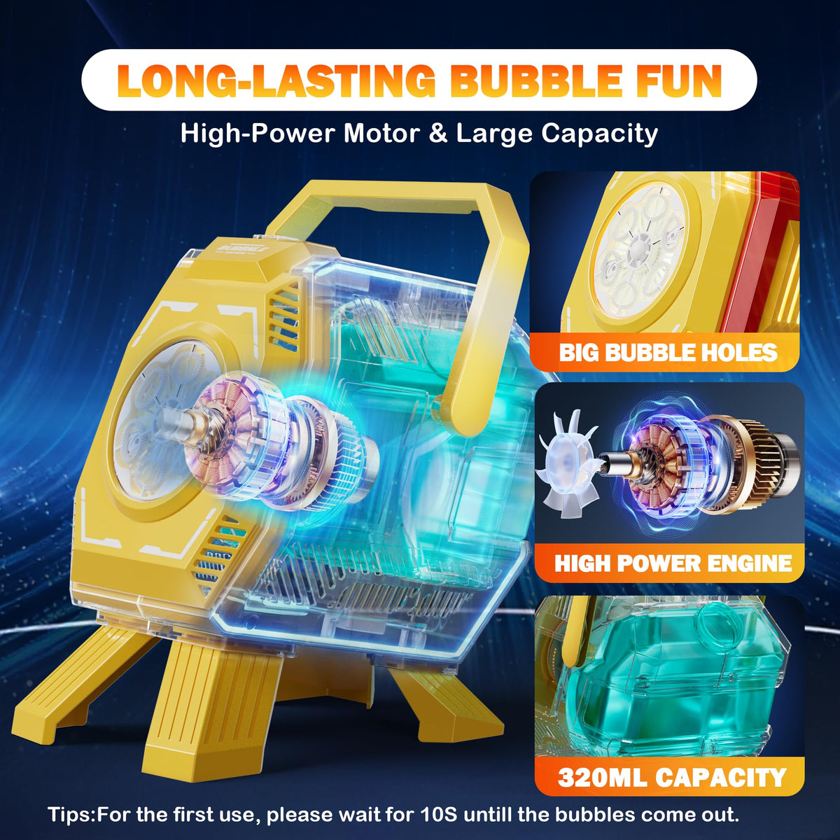 Belemar Bubble Machine powered on with portable stand for versatile setups