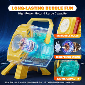 Belemar Bubble Machine powered on with portable stand for versatile setups