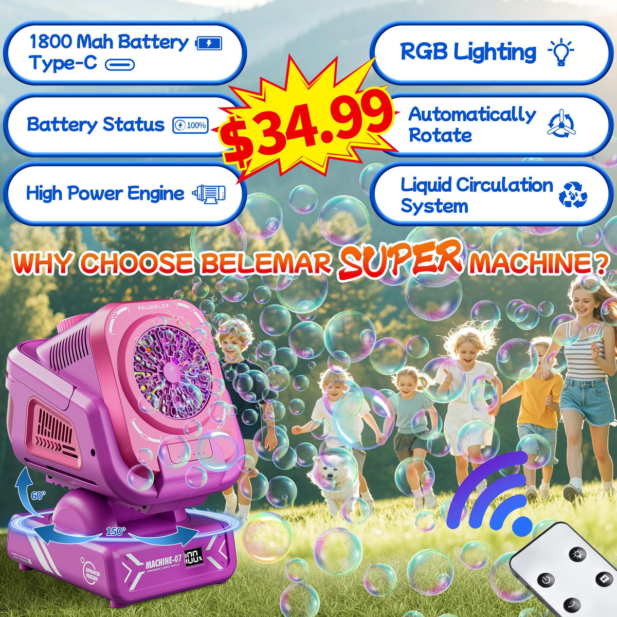 Belemar bubble machine rotating for wider bubble coverage