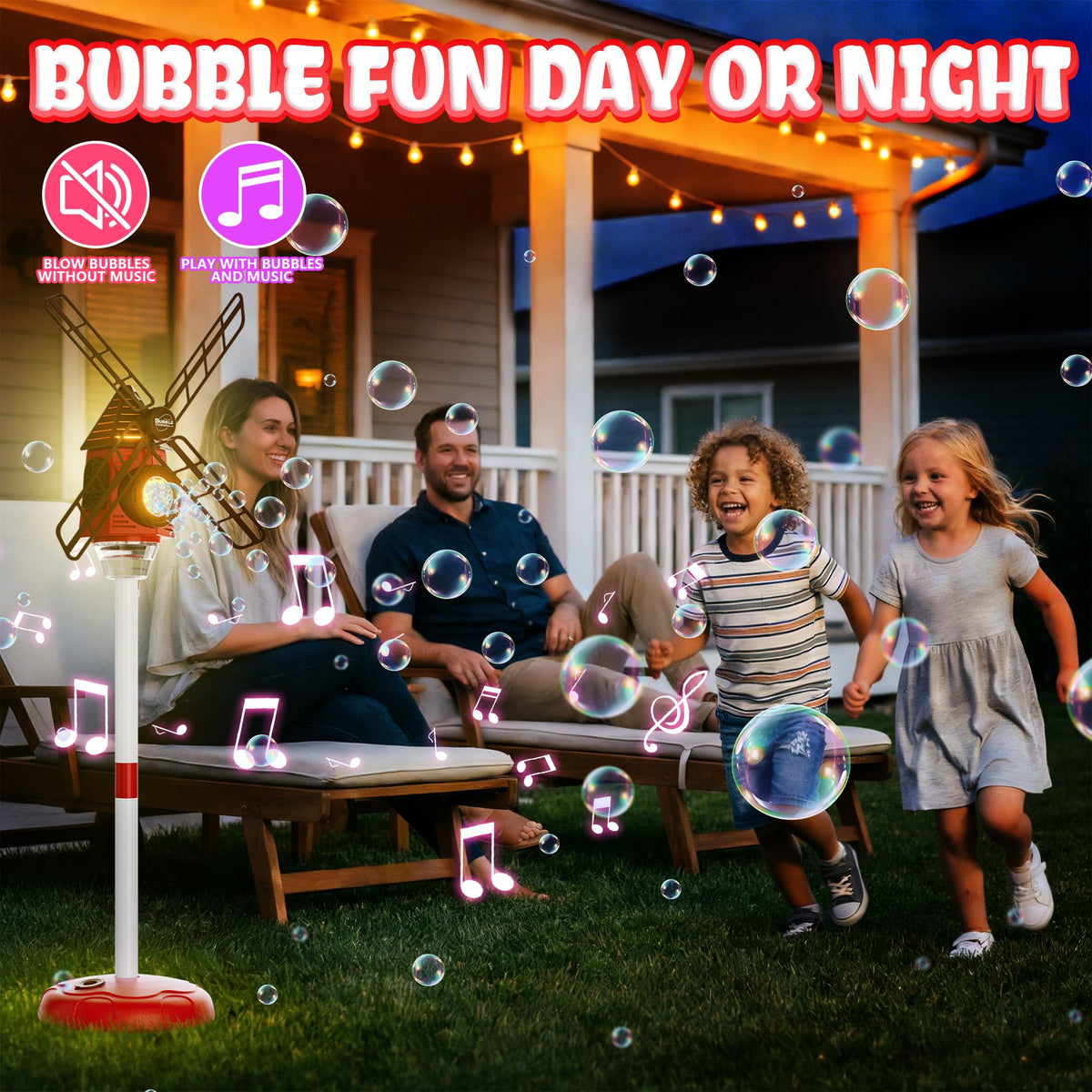Belemar Windmill Bubble Machine 130ml tank reduces refills during long play sessions.