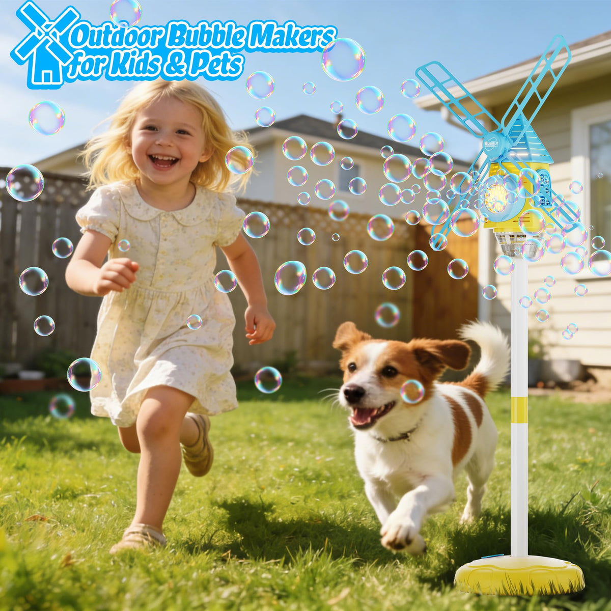 Belemar Windmill Bubble Machine lights up and plays music for party vibes.