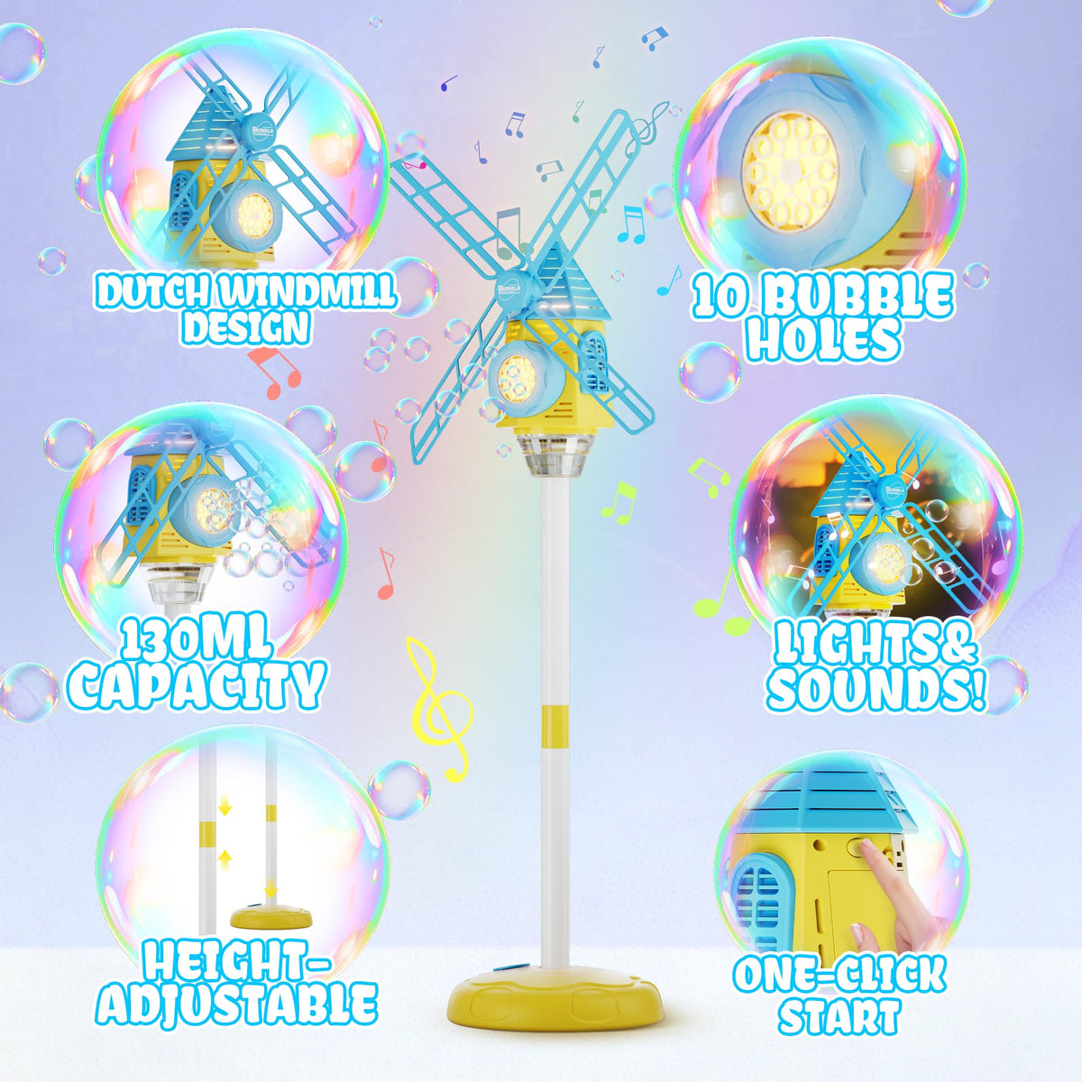 Belemar Windmill Bubble Machine height adjust showcases high bubbles for backyard fun.