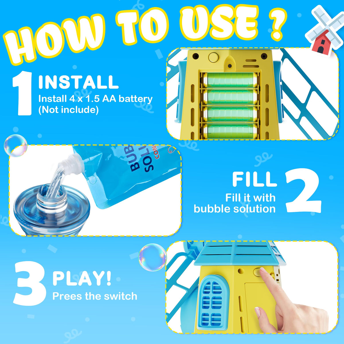 Belemar Windmill Bubble Machine with 10 outlets delivers a fuller bubble stream.