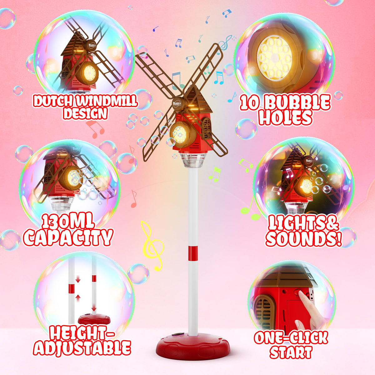 Belemar Windmill Bubble Machine nozzle array creates a fuller bubble stream for active play.