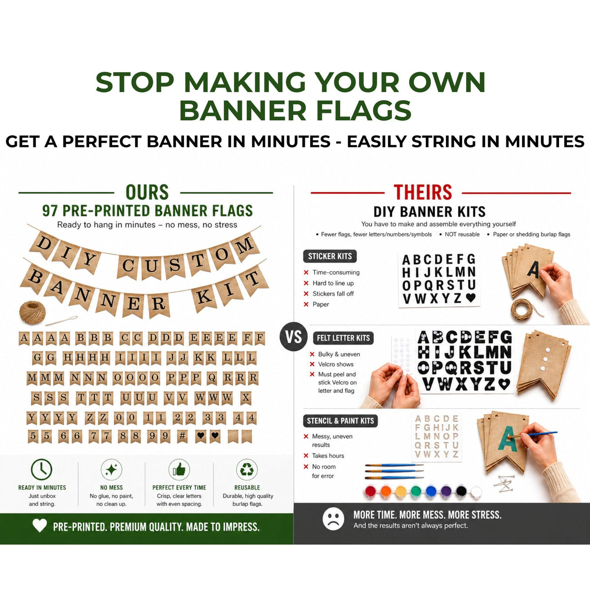 Bellium twine and needles included enable quick assembly of a banner in minutes