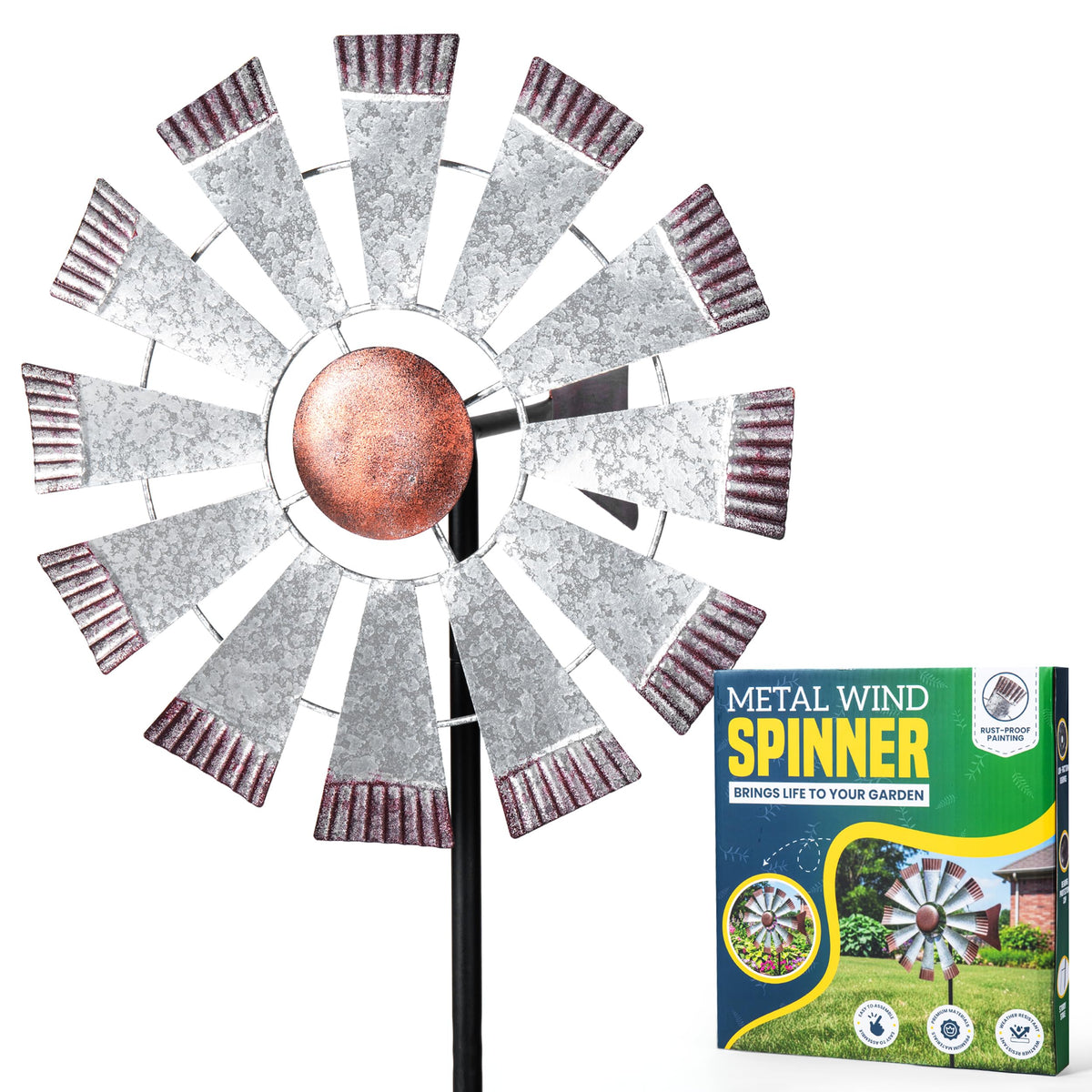 Bellovira garden wind spinner on a 50-inch stake spinning gracefully for seasonal outdoor art