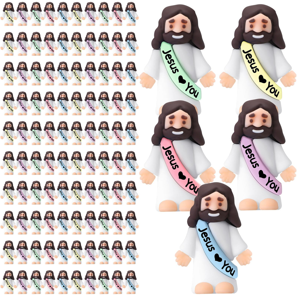 Bememo little Jesus figures in pastel macaron colors, ideal for Easter decor and photo props.