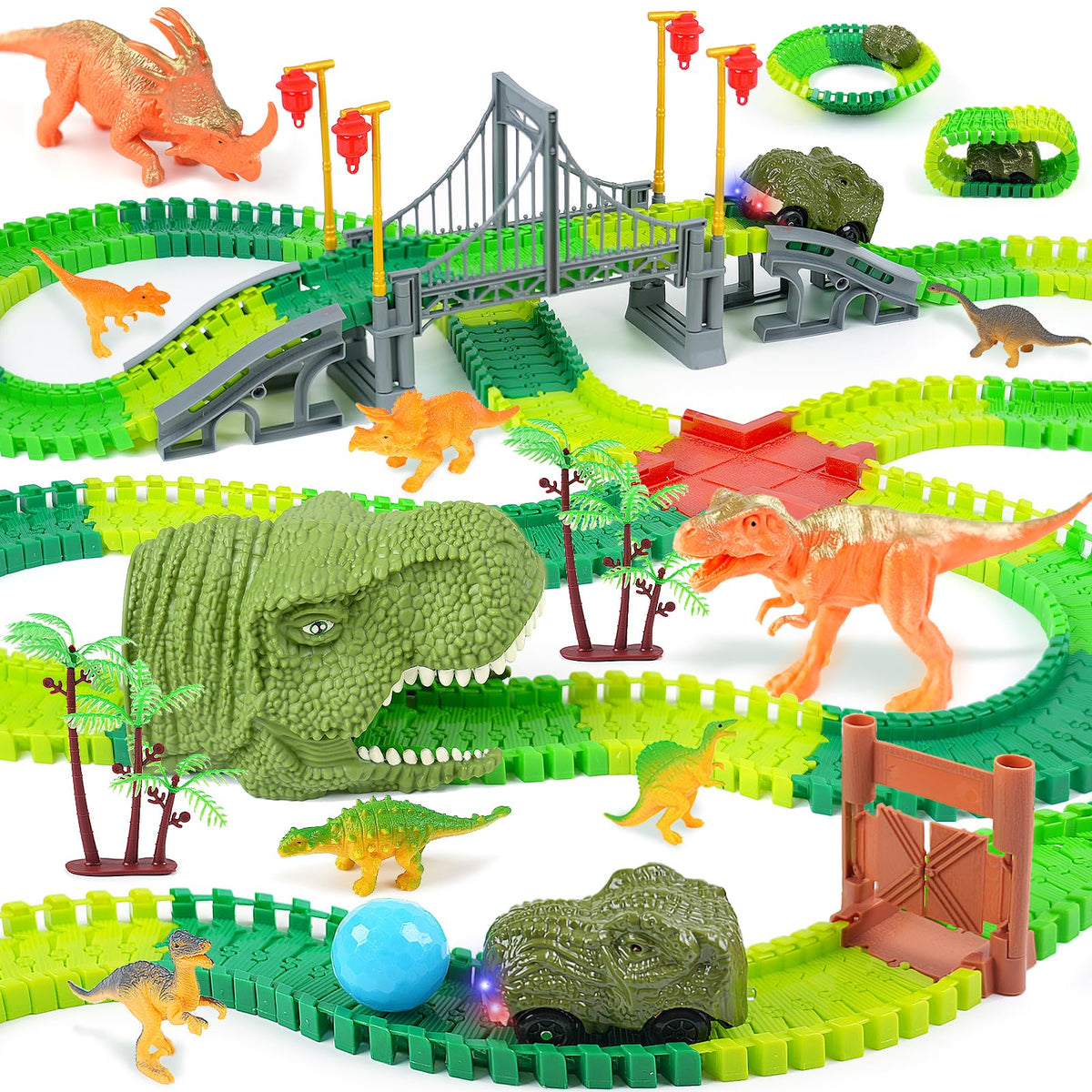 BEMITON dinosaur track shows flexible assembly for creative looping play.