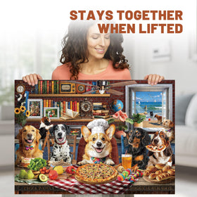 BenBen 1000-piece puzzle Dogs Dinner Party box and pieces highlight premium packaging.