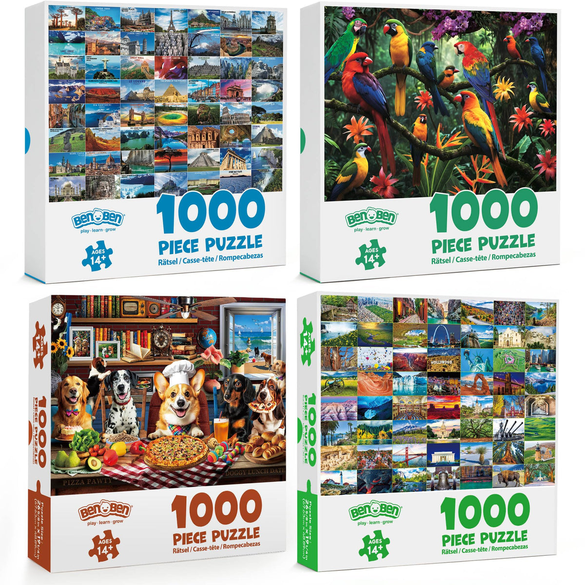 BenBen 1000-piece Jungle Parrots puzzle back with letters aids sorting.