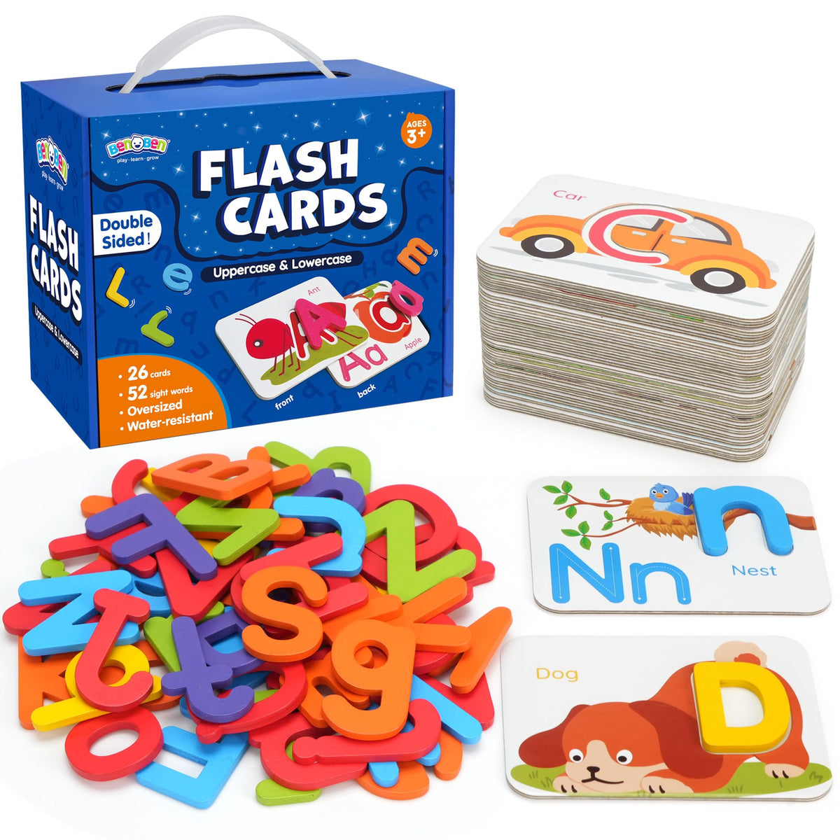 BenBen Alphabet Flash Cards with 52 wooden letters for engaging early literacy.