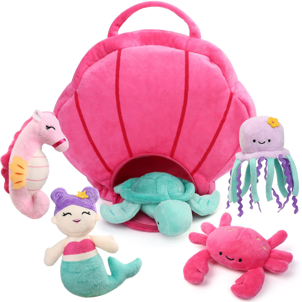 BenBen Mermaid plush with seashell bag for travel and play.