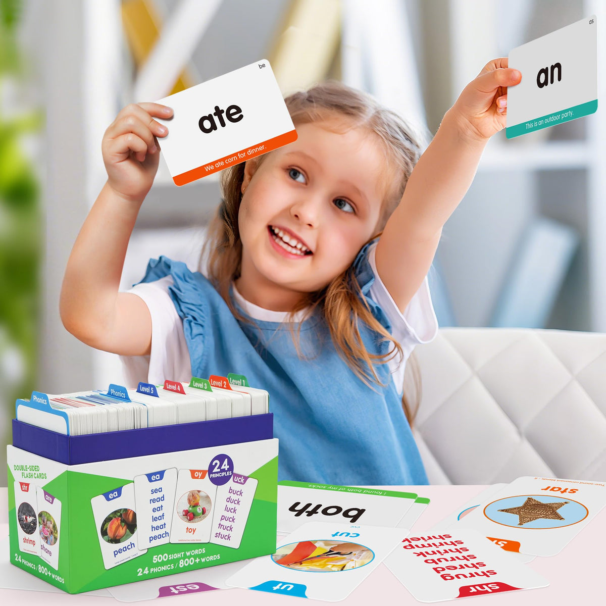 BenBen Sight Words flash cards back view with sample sentences and level colors.