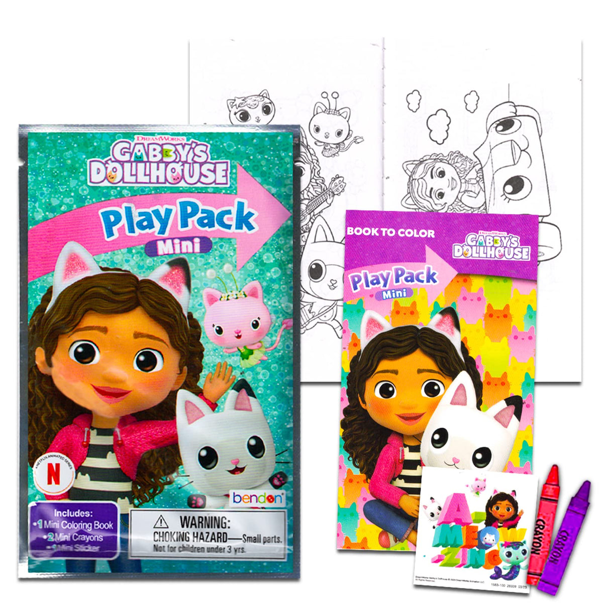 Gabby's Dollhouse grab-n-go packs include coloring pages, stickers, and coloring utensils