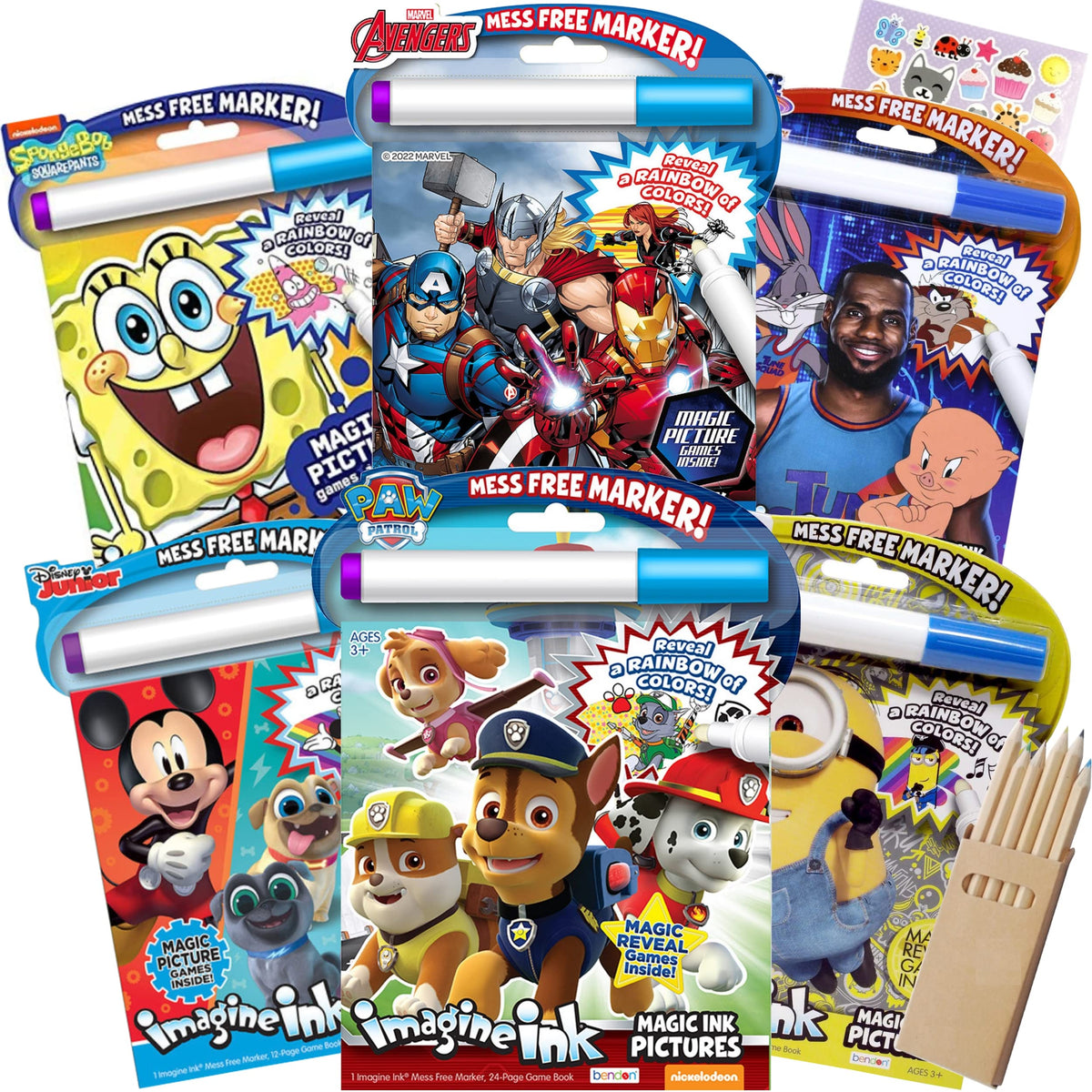 Bendon Imagine Ink 6-book set with colorable covers, mess-free fun for kids.