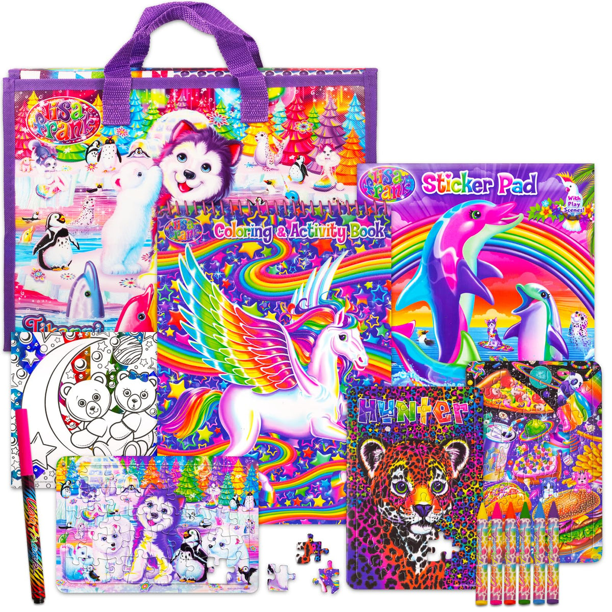 Bendon Lisa Frank giant coloring and activity book opened to diverse pages for all ages.