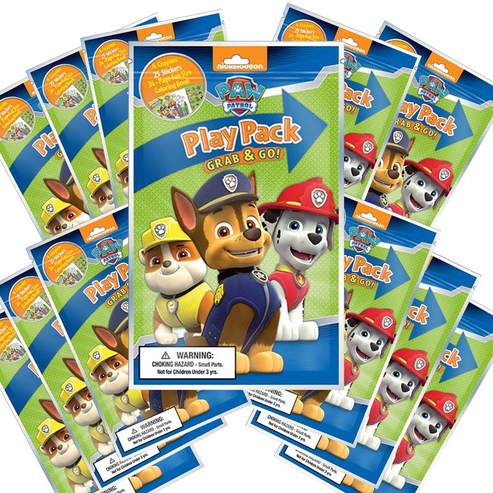 Bendon Paw Patrol Grab and Go Pack contents show crayons, stickers, and mini coloring book for creative play