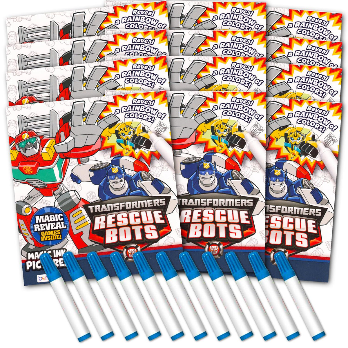 Bendon Transformers Rescue Bots Imagine Ink mini-markers shown for rainbow color reveals
