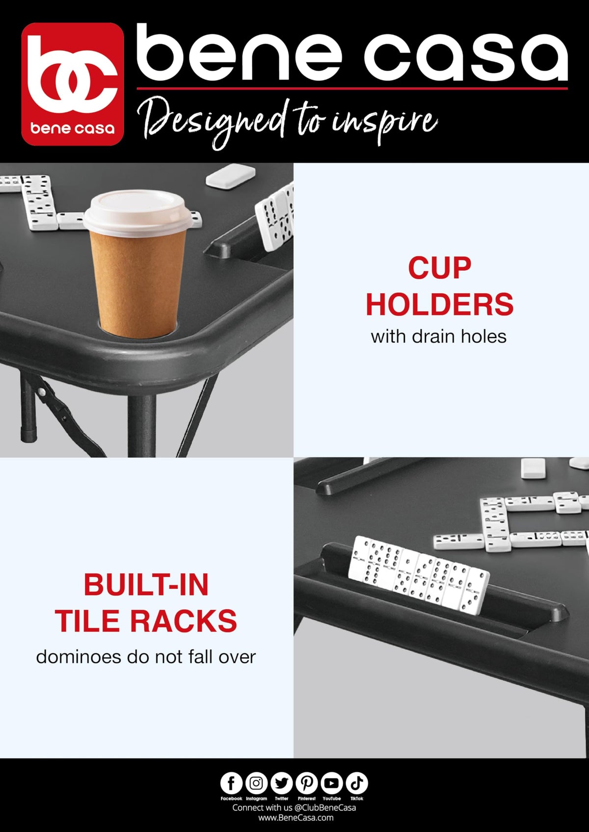 Bene Casa Black Domino Table drink holders prevent spills during games.