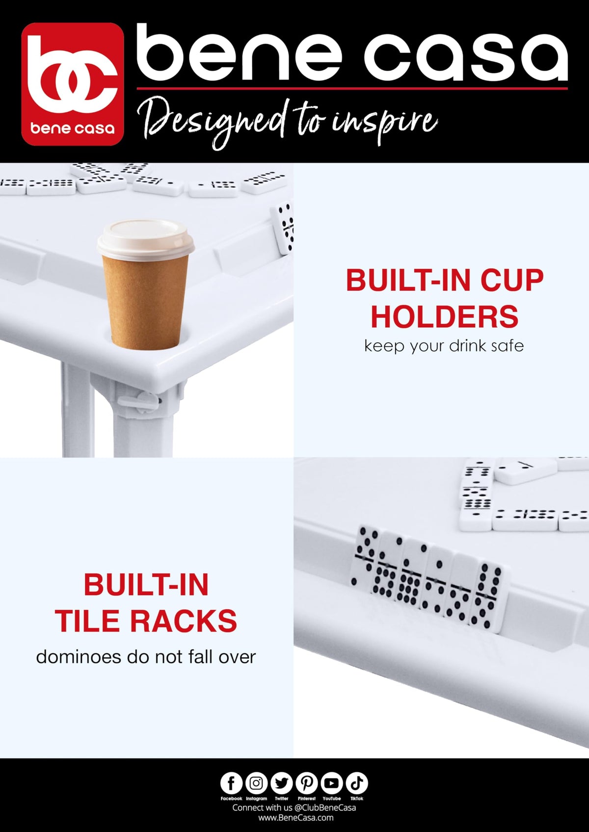 Bene Casa table featuring drinks holder keeps beverages away from the game.