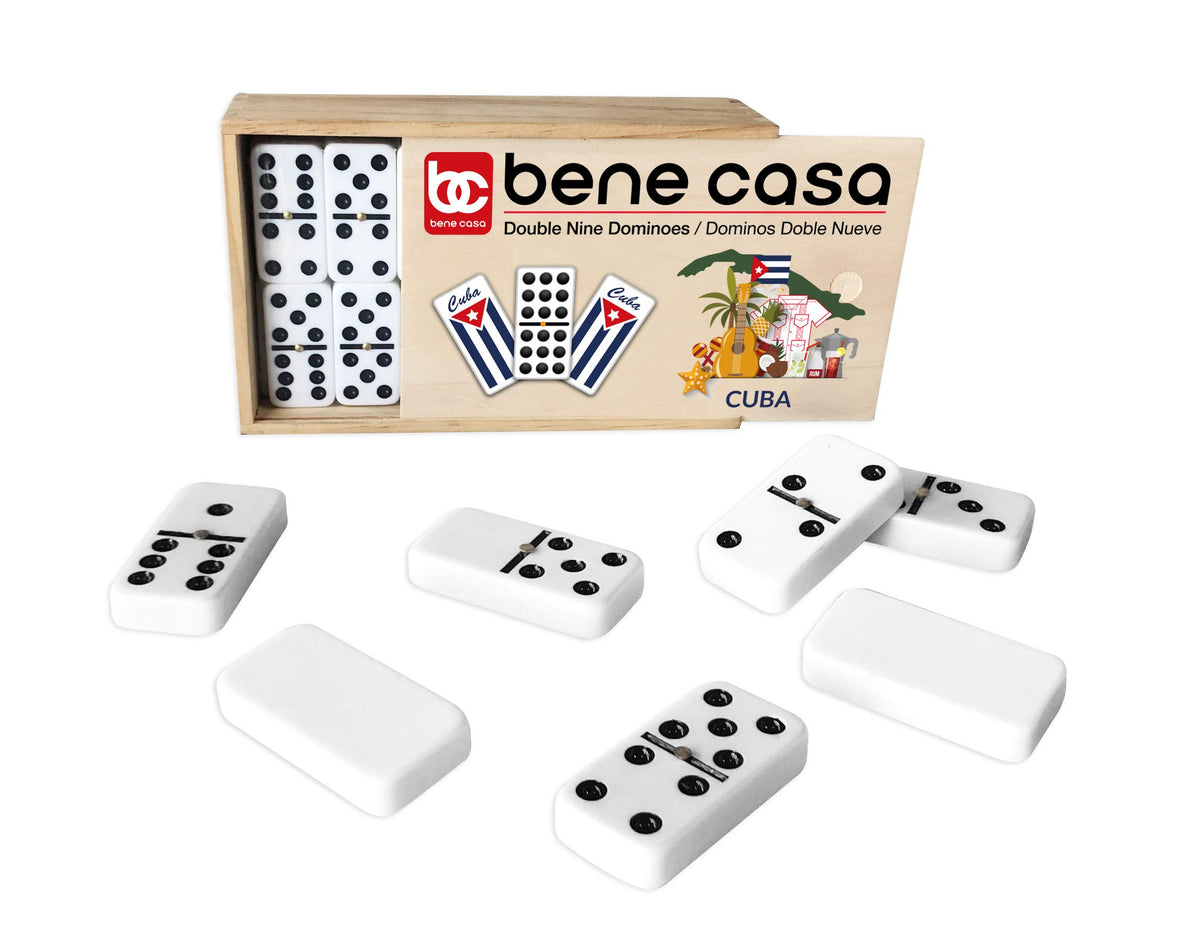 Open wooden box with 55 Cuban flag dominoes ready for 2-10 players