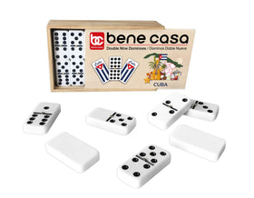 Open wooden box with 55 Cuban flag dominoes ready for 2-10 players