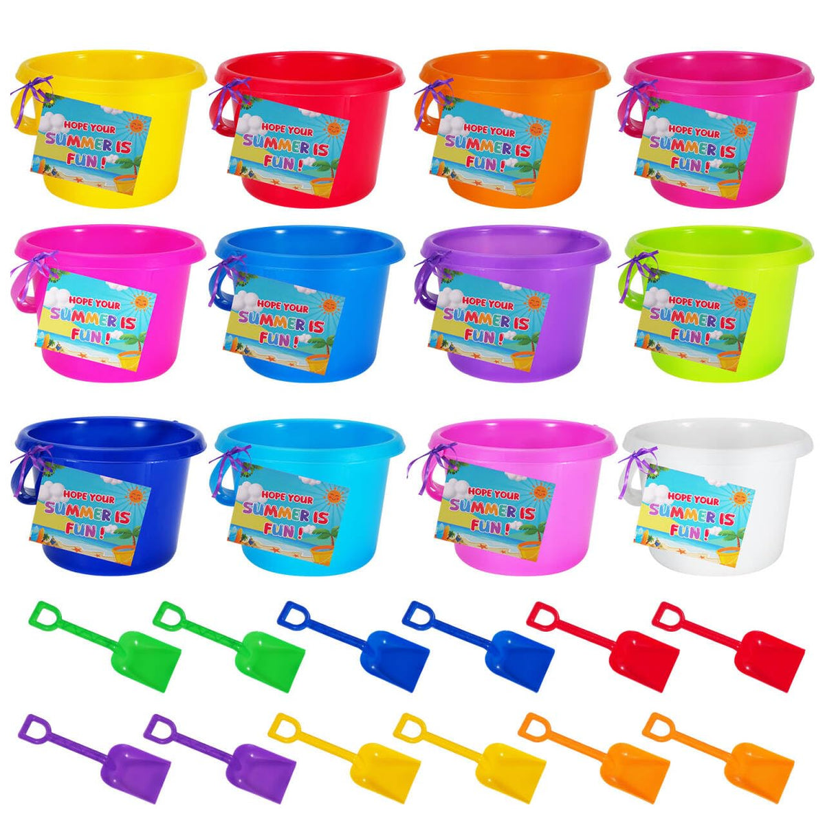 BeneFine 12-pack sand buckets in bright colors for beach play and easy storage