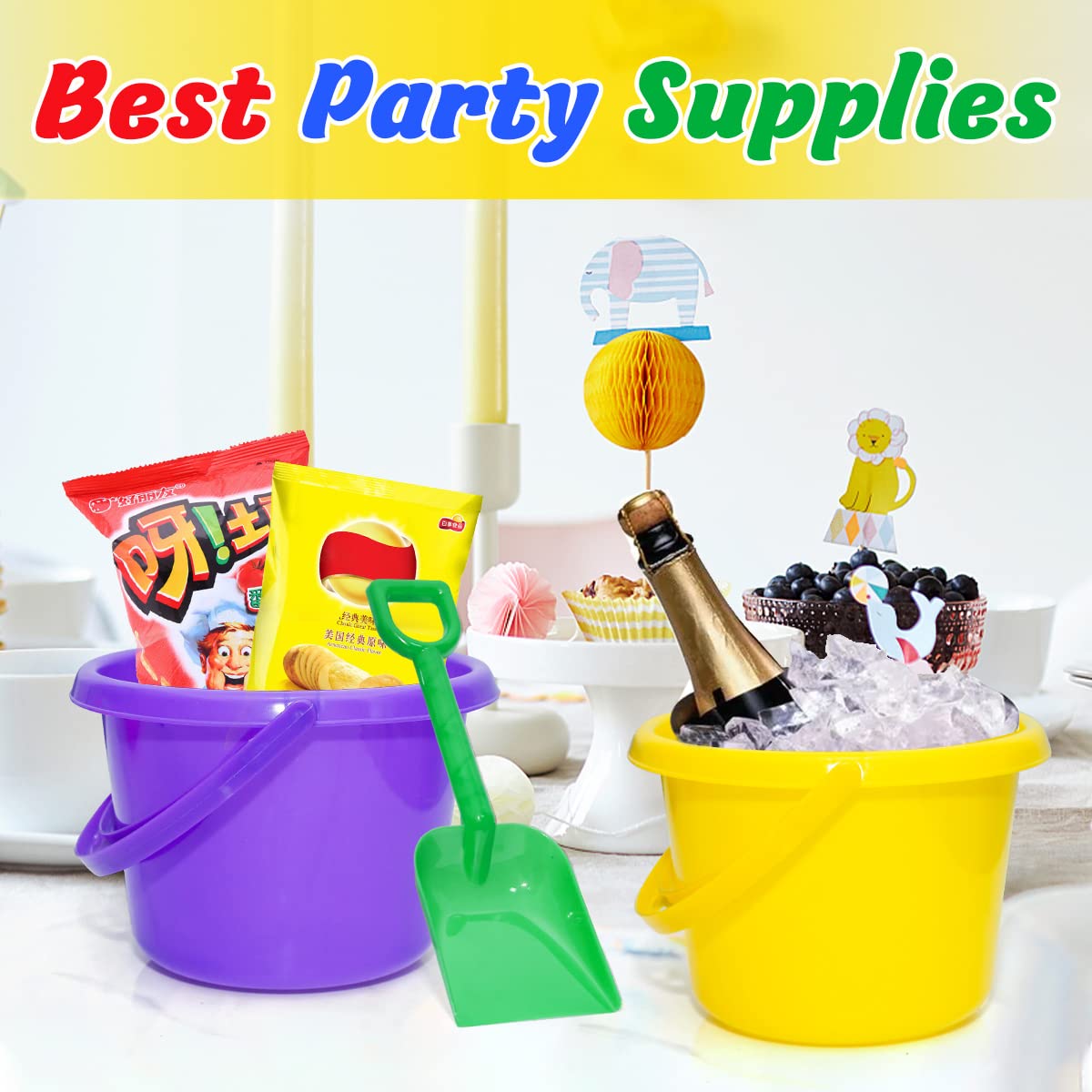 BeneFine colorful shovels in a 12-pack display on sand.