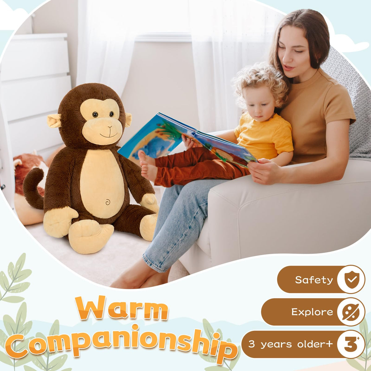 BENINY 30-inch giant plush monkey, detailed stitching reinforces durability.