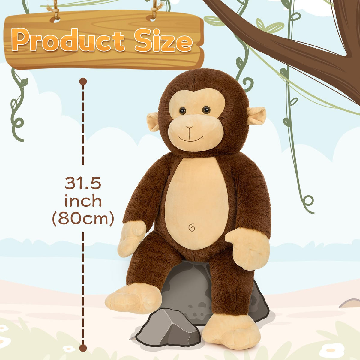 BENINY 30-inch giant plush monkey sitting as a playful chair, great for kids.