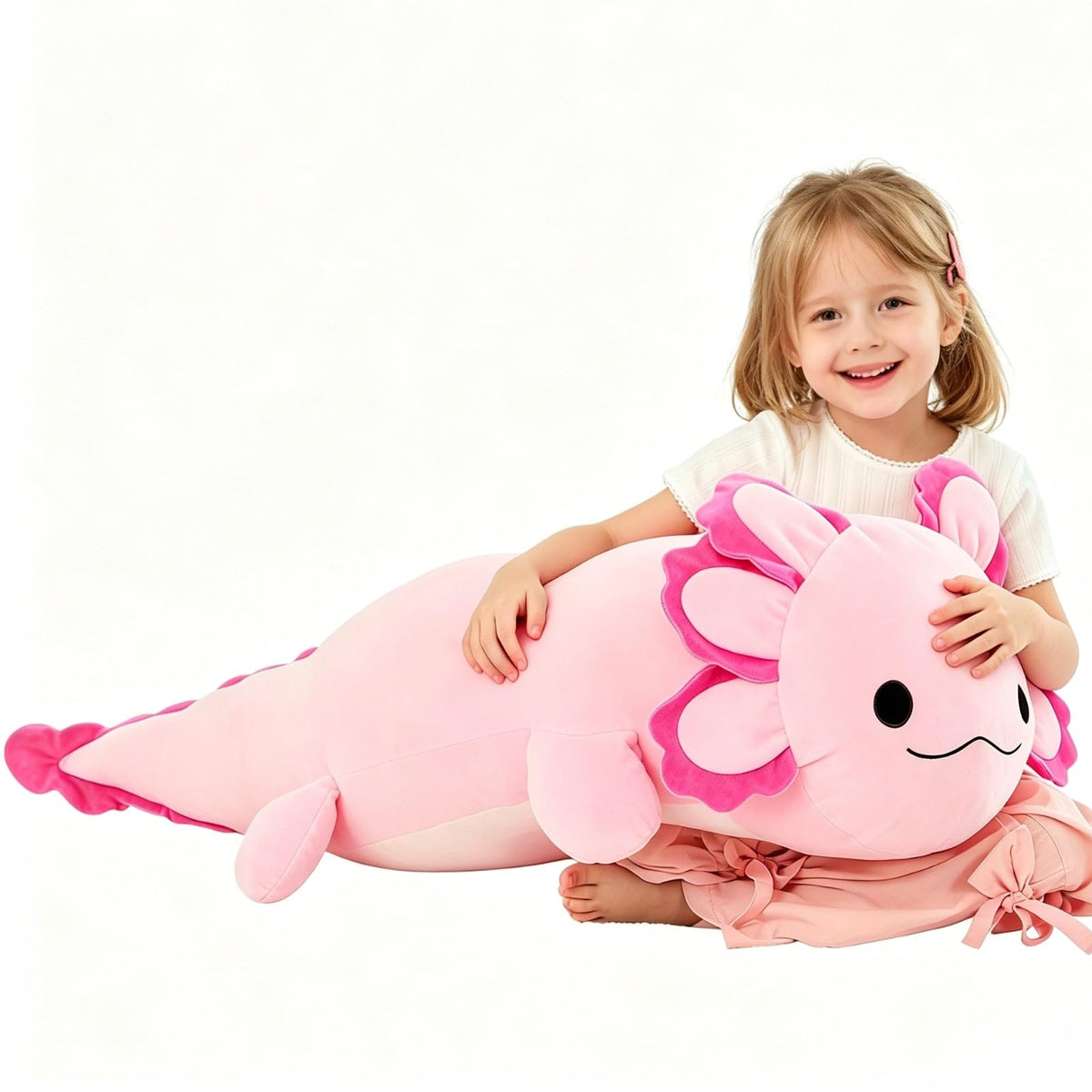 BENINY 39-inch giant hot pink axolotl plush pillow offers bold hugs and cozy comfort.