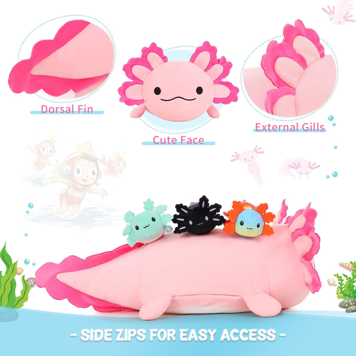 BENINY axolotl plush in a bed scene for bedtime companionship.