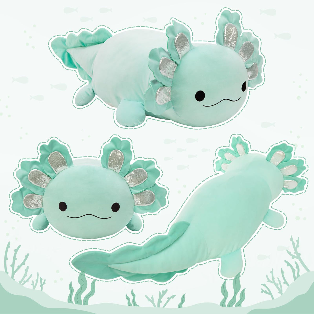 BENINY axolotl plush serves as cozy room decor and soft resting surface.