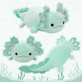 BENINY axolotl plush serves as cozy room decor and soft resting surface.