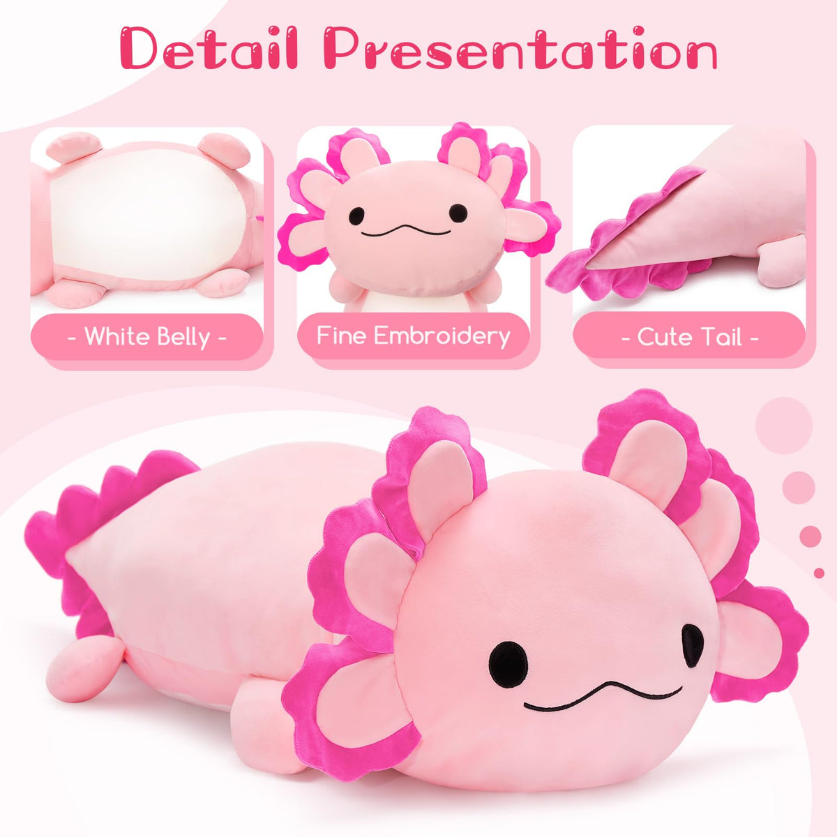 BENINY giant axolotl plush invites cozy cuddle time and relaxation.