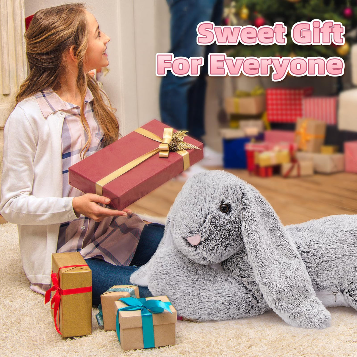 BENINY bunny kid hugging the large plush companion.