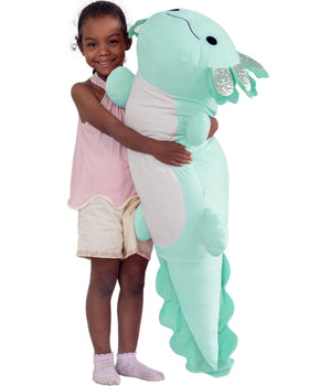 BENINY large axolotl plush shows a 39-inch cuddle surface and pillow-like comfort.