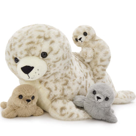 BENINY seal mama in leopard print, 20-inch plush for cozy bedtimes and imaginative play.