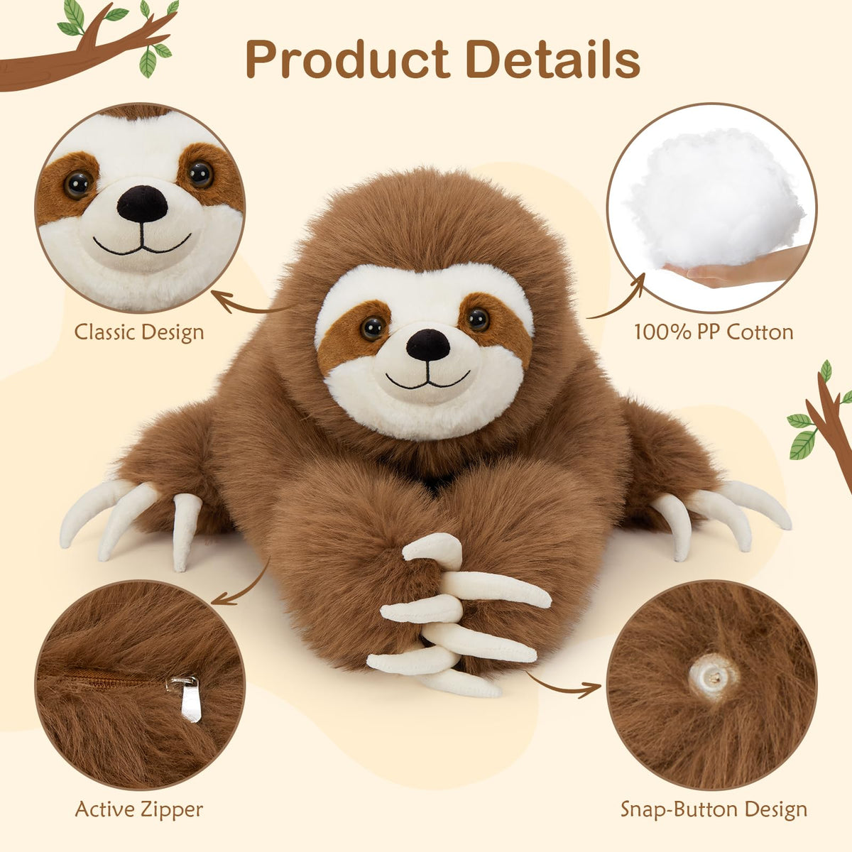 BENINY sloth plush with snap hands for attachable hangings on bags