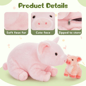 BENINY travel-ready pig plush with zippered belly keeps pieces secure on trips.