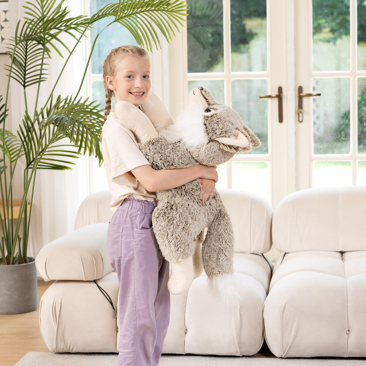 BENINY Wolf Plush Neutral Gray, versatile decor and cuddle buddy.