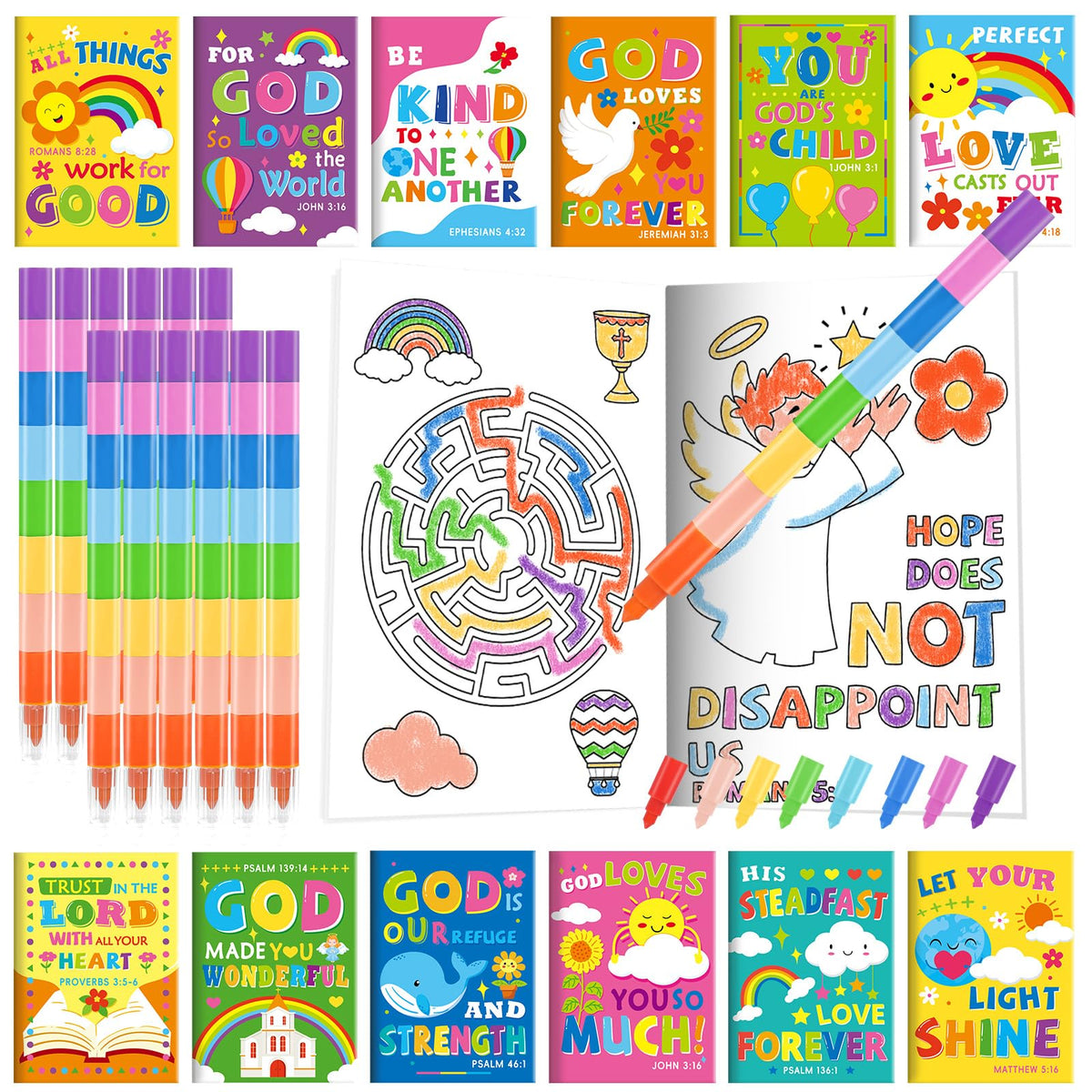 BenLouis 24 Bible Verses mini coloring books with stacking crayons for kid-friendly faith activities