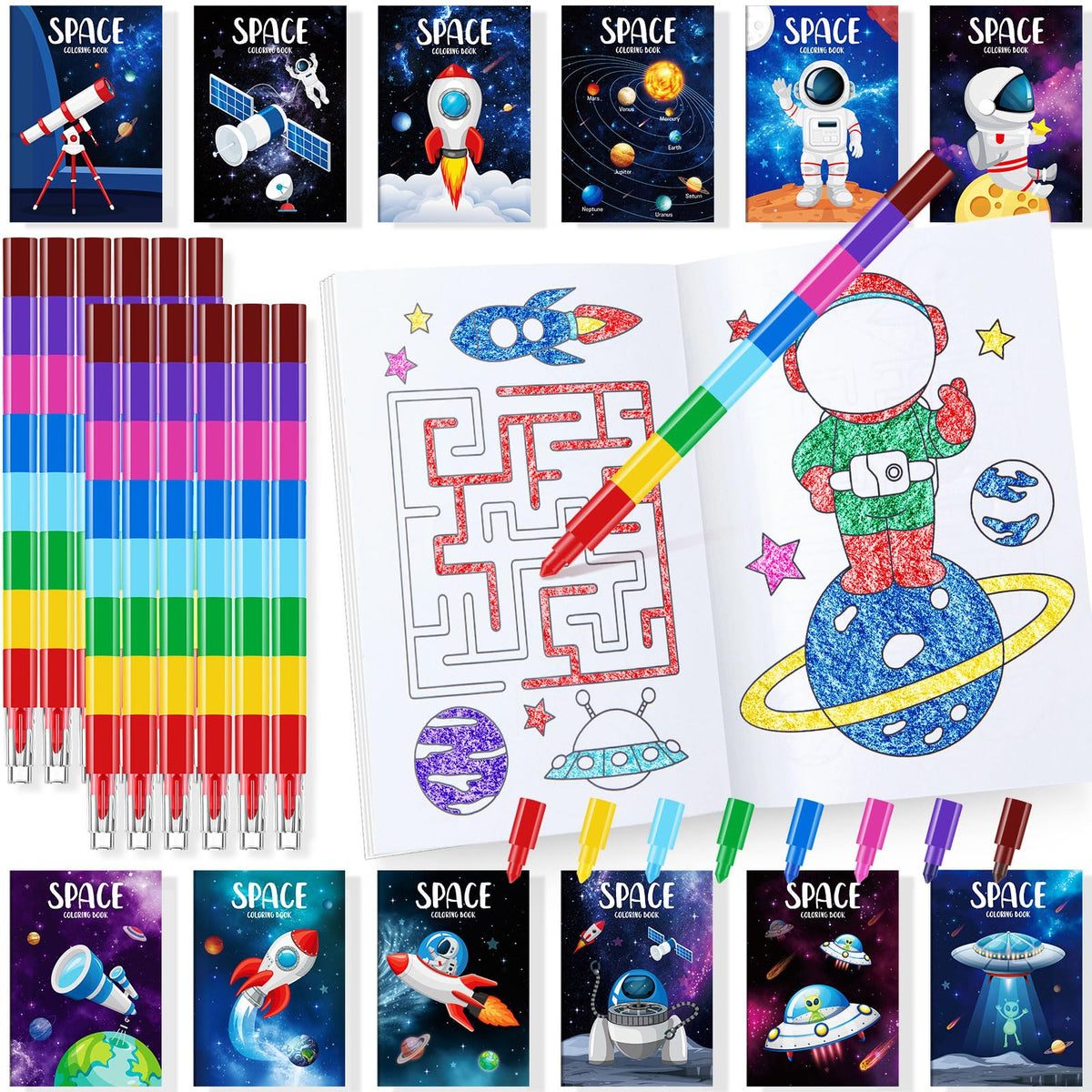 BenLouis 24 Outer Space Coloring Books with stacking crayons for young artists