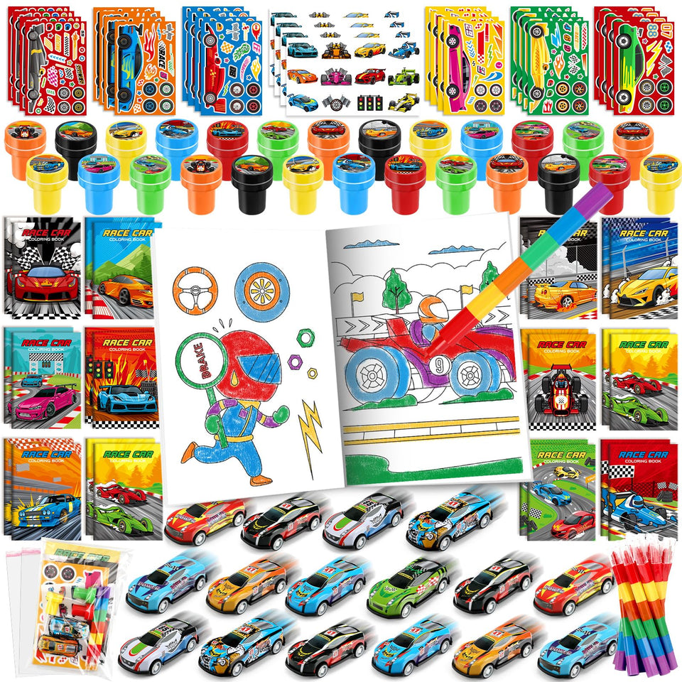 BenLouis race car coloring books ready for kids' party activity.