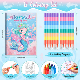 BenLouis stacking crayons beside mermaid coloring pages, promoting grip and control