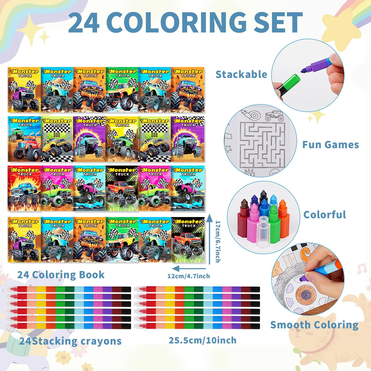 BenLouis stacking crayons set with monster truck theme, easy for little hands